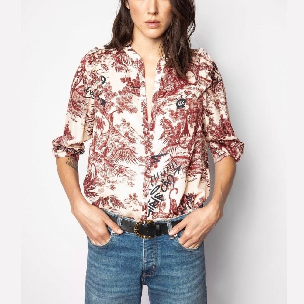 ZADIG & VOLTAIRE Tygg Jouy Satin Blouse In Toile Size S palm leopard oriental